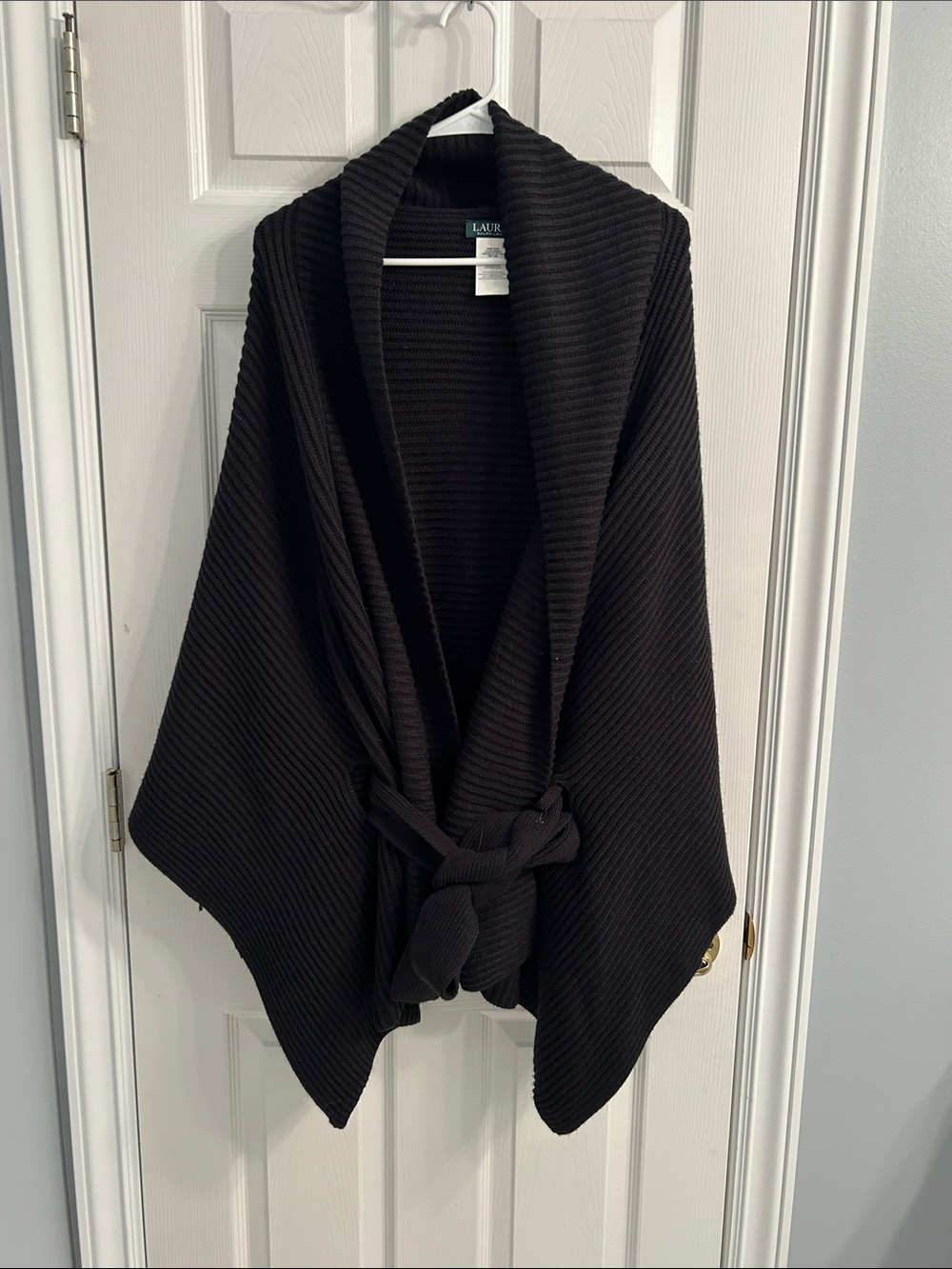 Ralph Lauren Cozy Black Ribbed Knit Wrap Poncho Shawl